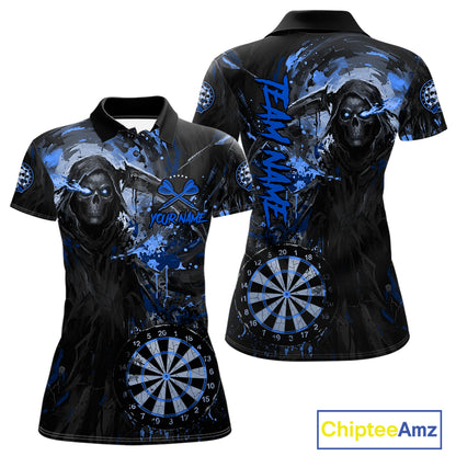 Custom Black And Blue Splatter Grim Reaper Women Darts Polo Shirt Cracked Dart Jerseys NYN2794