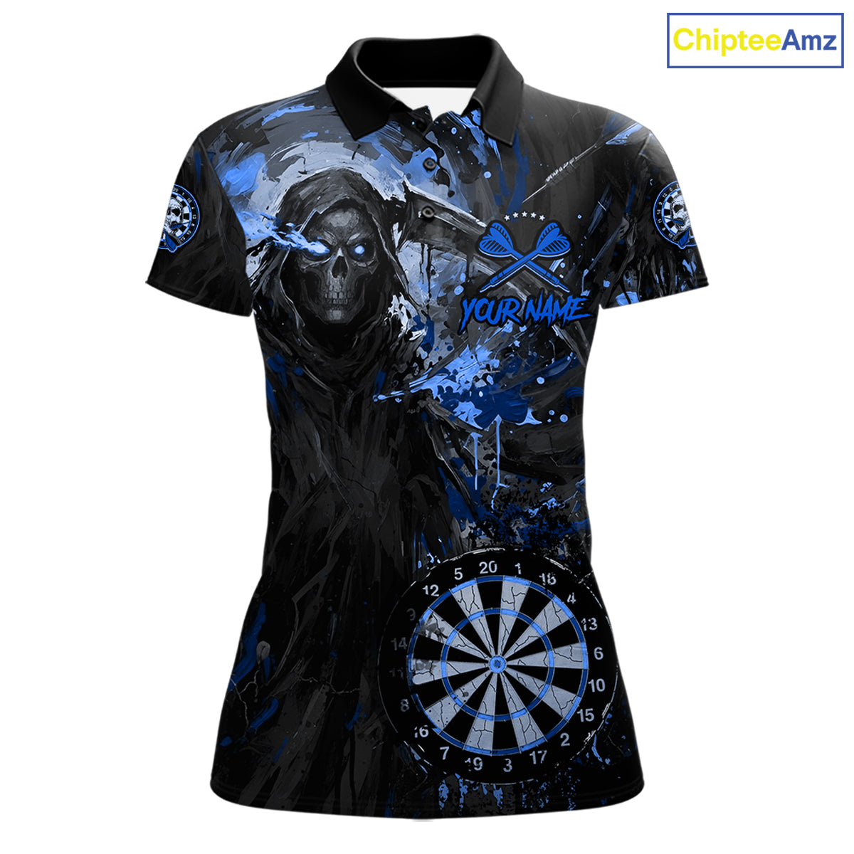Custom Black And Blue Splatter Grim Reaper Women Darts Polo Shirt Cracked Dart Jerseys NYN2794