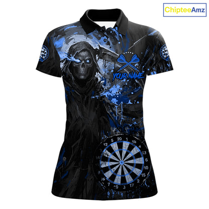 Custom Black And Blue Splatter Grim Reaper Women Darts Polo Shirt Cracked Dart Jerseys NYN2794