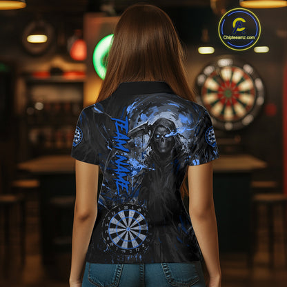 Custom Black And Blue Splatter Grim Reaper Women Darts Polo Shirt Cracked Dart Jerseys NYN2794