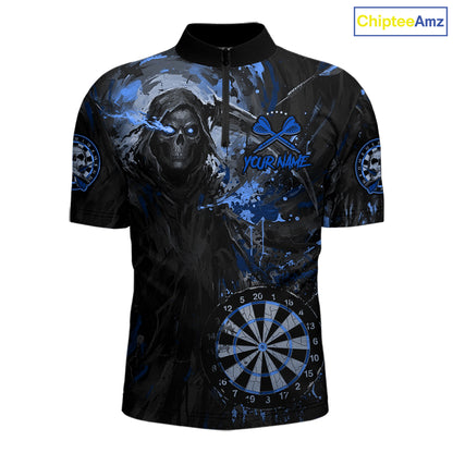 Custom Black And Blue Splatter Grim Reaper Men Darts Polo Shirt Cracked Dart Jerseys NYN2794