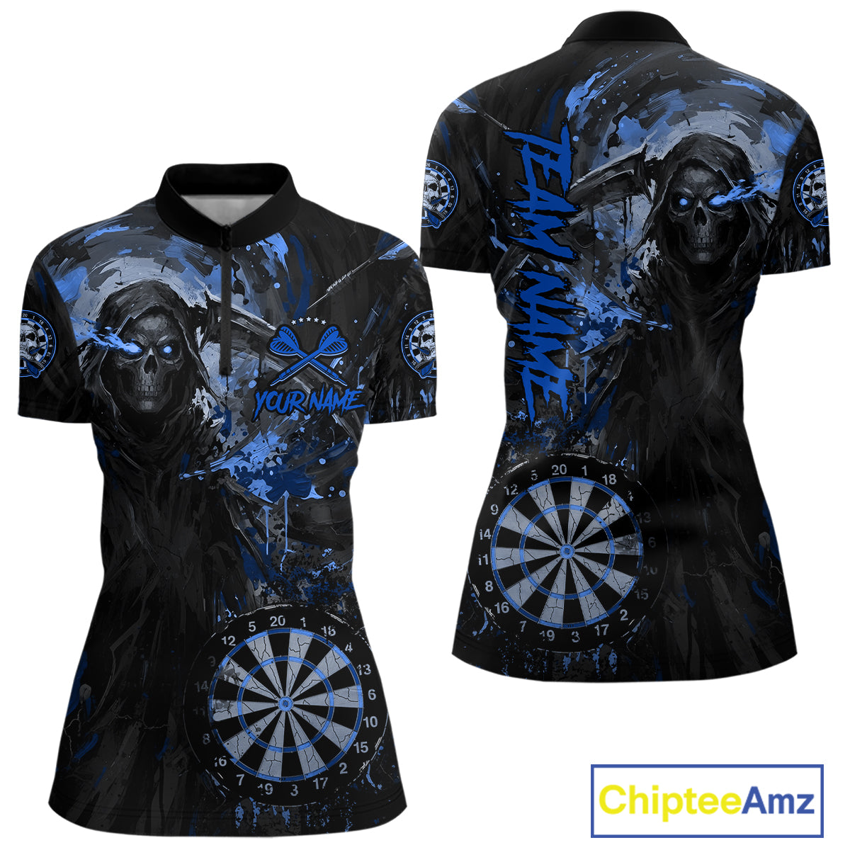 Custom Black And Blue Splatter Grim Reaper Women Darts Polo Shirt Cracked Dart Jerseys NYN2794