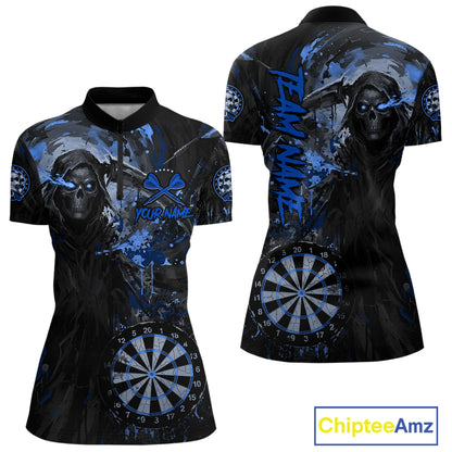 Custom Black And Blue Splatter Grim Reaper Women Darts Polo Shirt Cracked Dart Jerseys NYN2794
