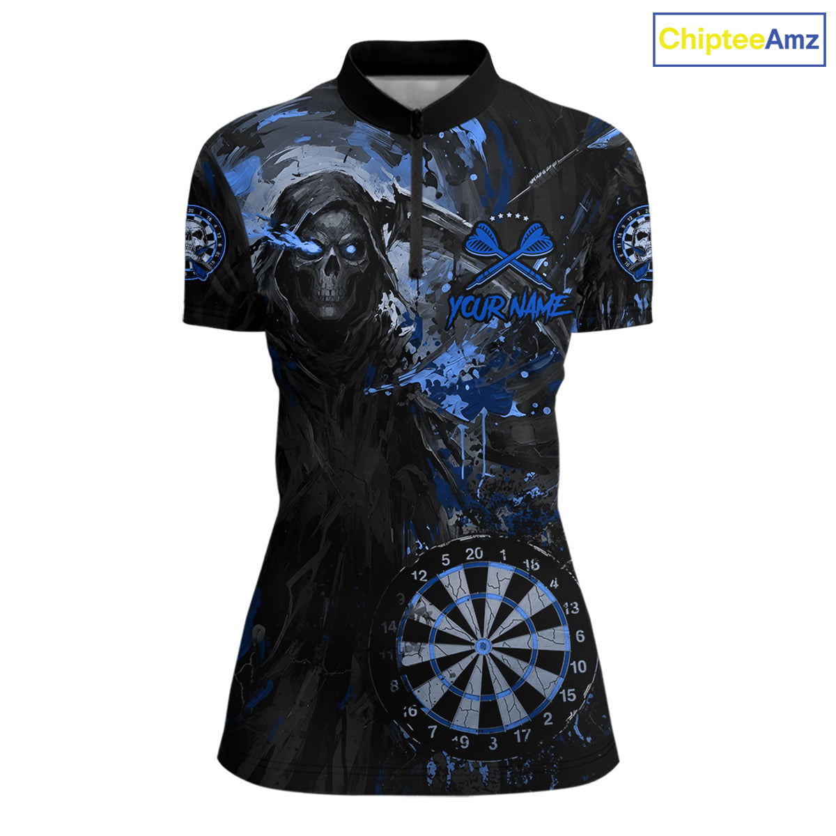 Custom Black And Blue Splatter Grim Reaper Women Darts Polo Shirt Cracked Dart Jerseys NYN2794
