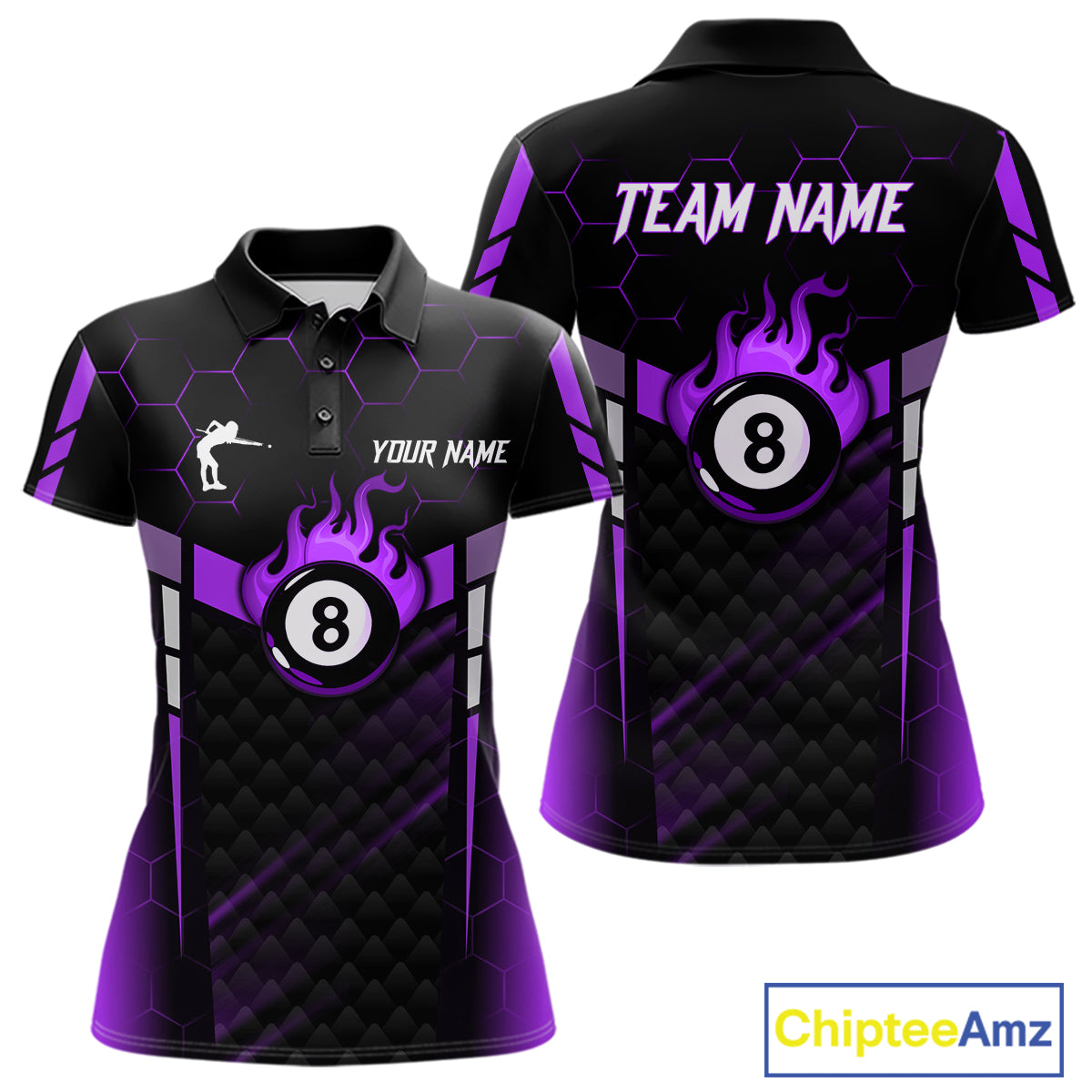 Personalized Purple 8 Ball Flame Billiard Polo & Quarter Zip For Women, 8 Ball Pool Team Jersey TDM6039
