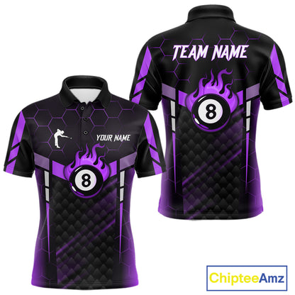 Personalized Purple 8 Ball Flame Billiard Polo & Quarter Zip For Men, 8 Ball Pool Team Jersey TDM6039