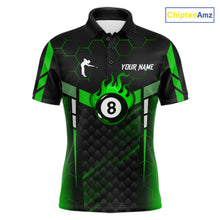 Load image into Gallery viewer, Personalized Green 8 Ball Flame Billiard Polo &amp; Quarter Zip For Men, 8 Ball Pool Team Jersey TDM6040