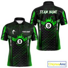 Load image into Gallery viewer, Personalized Green 8 Ball Flame Billiard Polo &amp; Quarter Zip For Men, 8 Ball Pool Team Jersey TDM6040