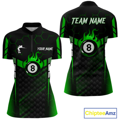 Personalized Green 8 Ball Flame Billiard Polo & Quarter Zip For Women, 8 Ball Pool Team Jersey TDM6040