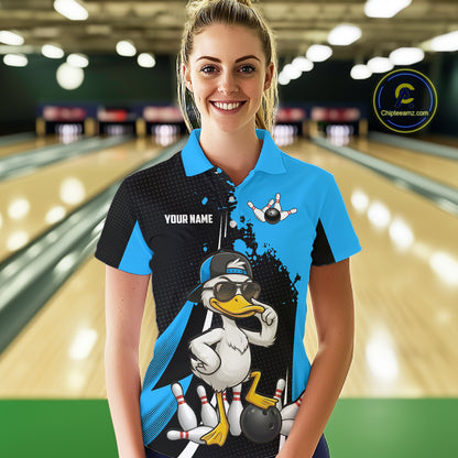 Custom Black And Blue Funny Duck Bowling Shirts For Women, Bowling Team Jersey Polo & 1/4 Zip TDM6292