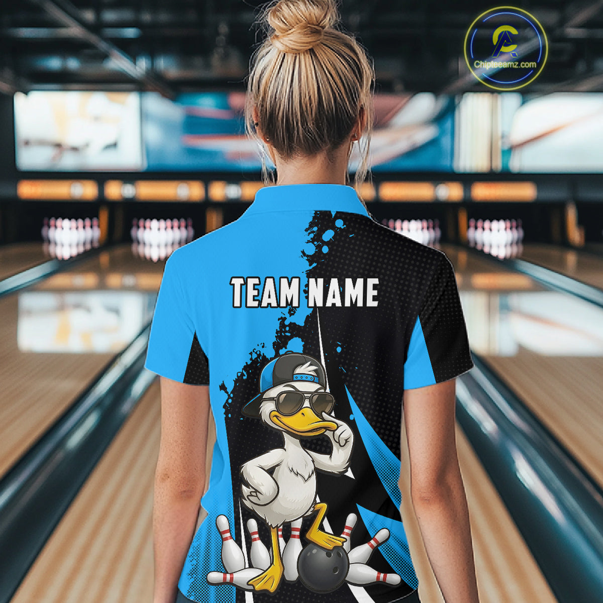 Custom Black And Blue Funny Duck Bowling Shirts For Women, Bowling Team Jersey Polo & 1/4 Zip TDM6292