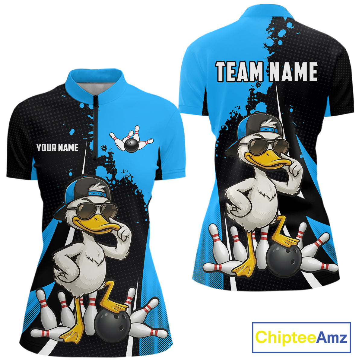 Custom Black And Blue Funny Duck Bowling Shirts For Women, Bowling Team Jersey Polo & 1/4 Zip TDM6292