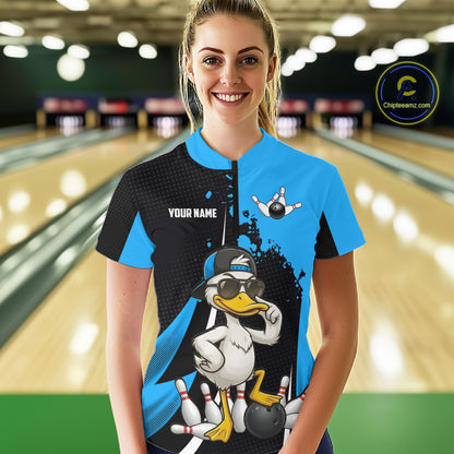 Custom Black And Blue Funny Duck Bowling Shirts For Women, Bowling Team Jersey Polo & 1/4 Zip TDM6292