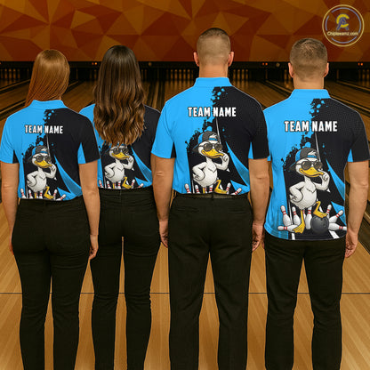 Custom Black And Blue Funny Duck Bowling Shirts For Men, Bowling Team Jersey Polo & 1/4 Zip TDM6292