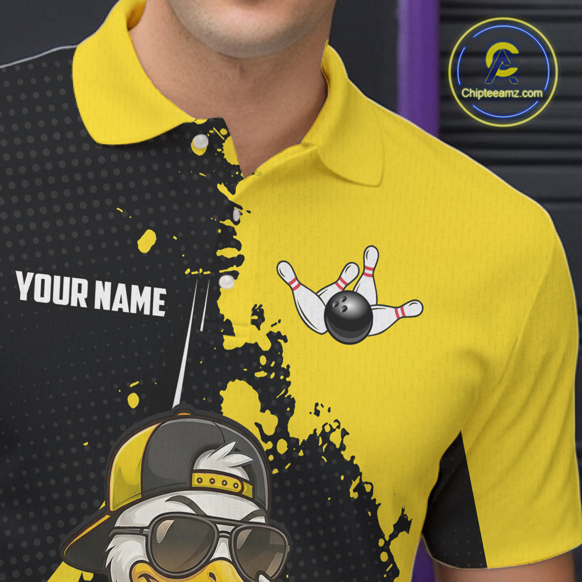 Custom Yellow Black Funny Duck Bowling Shirts For Men, Bowling Team Jersey Polo & 1/4 Zip TDM6293