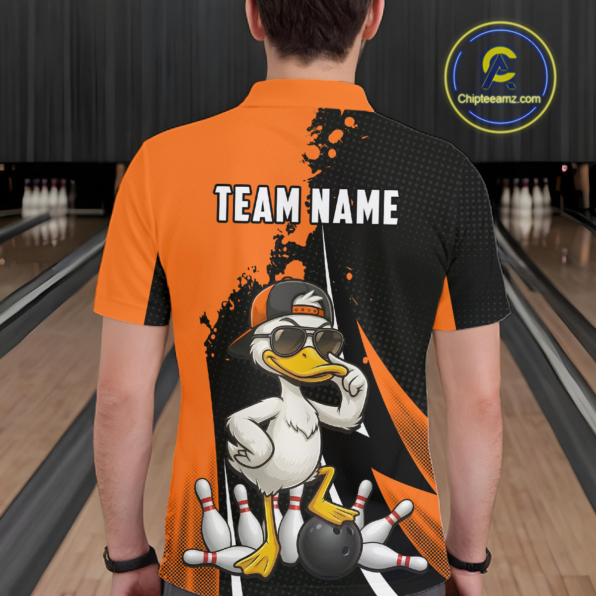 Custom Black And Orange Funny Duck Bowling Shirts For Men, Bowling Team Jersey Polo & 1/4 Zip TDM6294