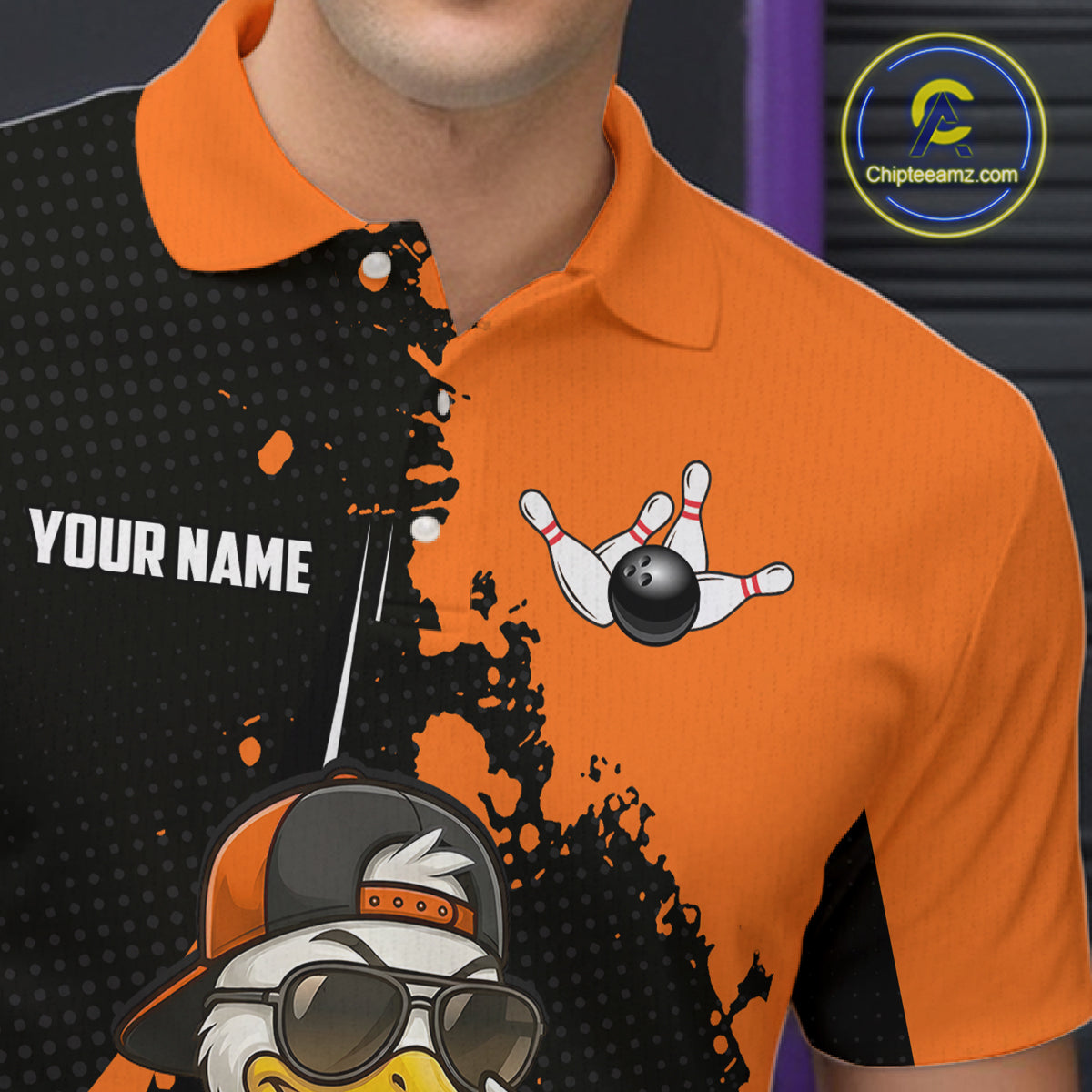 Custom Black And Orange Funny Duck Bowling Shirts For Men, Bowling Team Jersey Polo & 1/4 Zip TDM6294