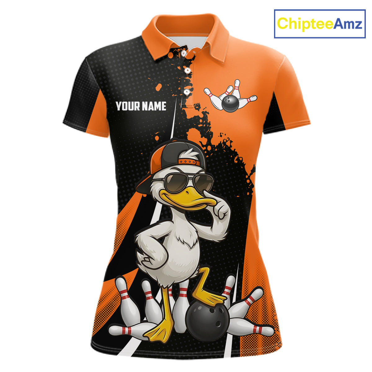 Custom Black And Orange Funny Duck Bowling Shirts For Women, Bowling Team Jersey Polo & 1/4 Zip TDM6294