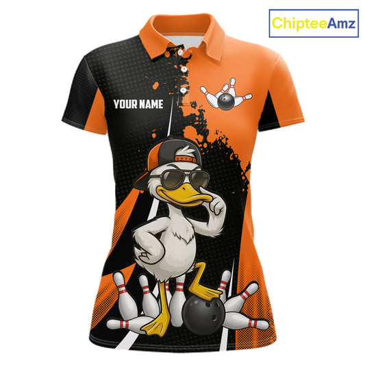 Custom Black And Orange Funny Duck Bowling Shirts For Women, Bowling Team Jersey Polo & 1/4 Zip TDM6294