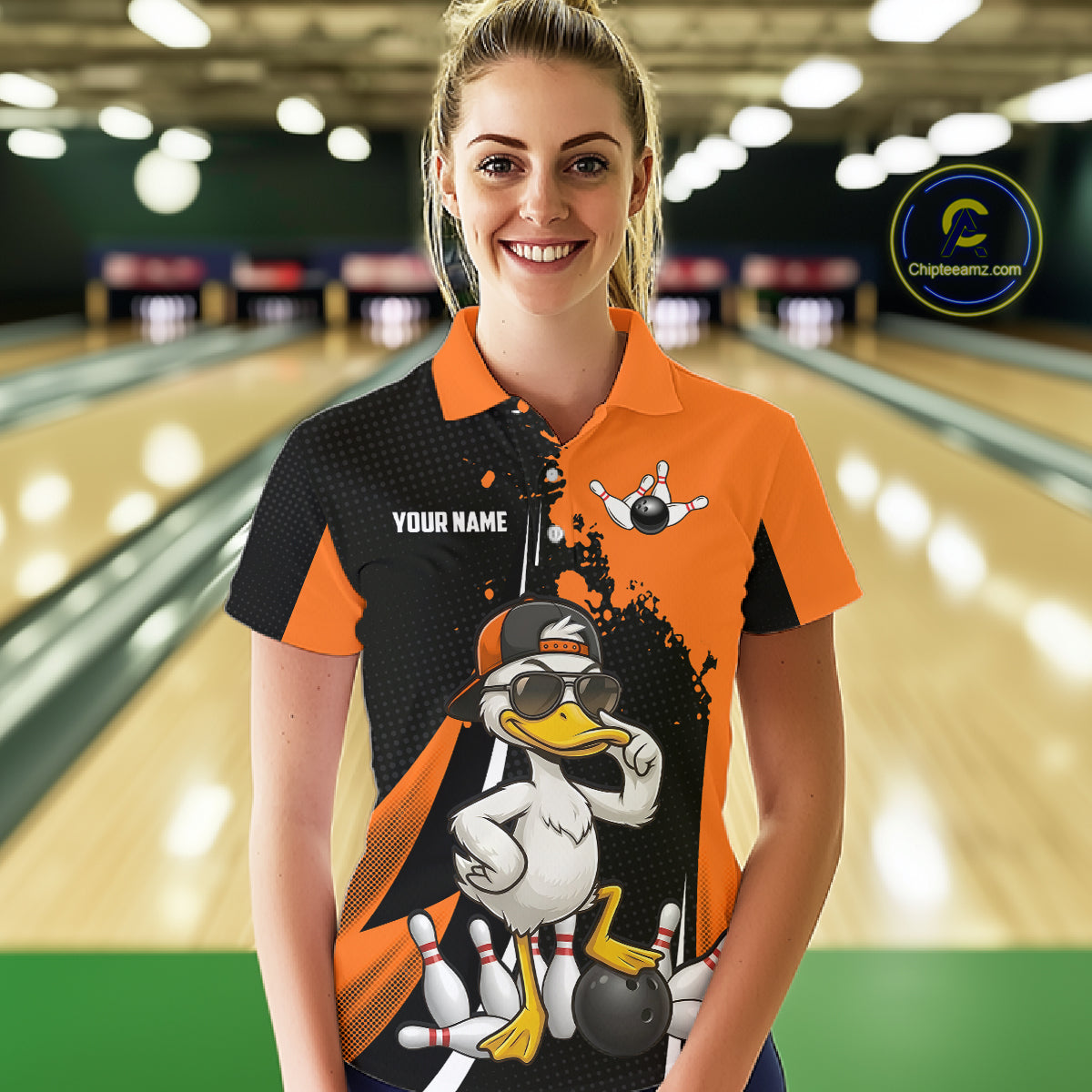 Custom Black And Orange Funny Duck Bowling Shirts For Women, Bowling Team Jersey Polo & 1/4 Zip TDM6294