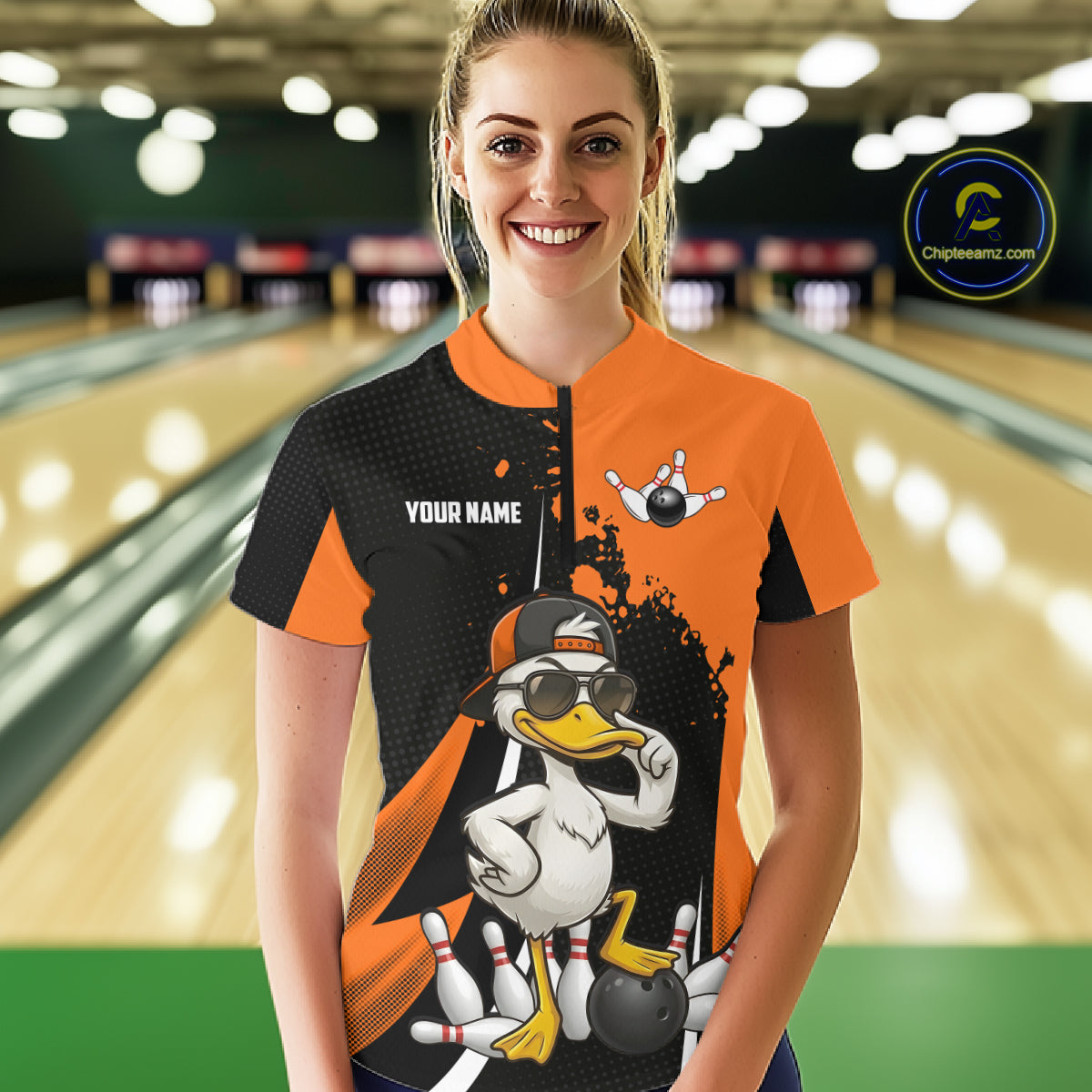 Custom Black And Orange Funny Duck Bowling Shirts For Women, Bowling Team Jersey Polo & 1/4 Zip TDM6294