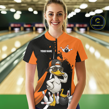 Custom Black And Orange Funny Duck Bowling Shirts For Women, Bowling Team Jersey Polo & 1/4 Zip TDM6294