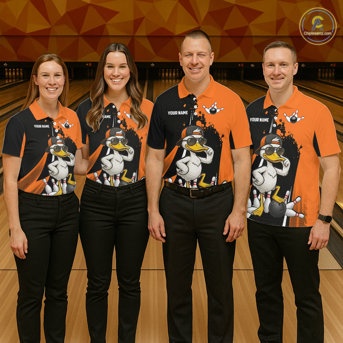 Custom Black And Orange Funny Duck Bowling Shirts For Men, Bowling Team Jersey Polo & 1/4 Zip TDM6294