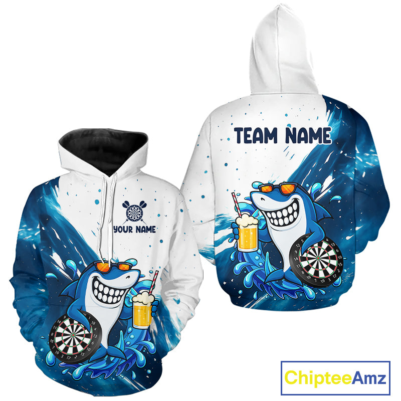 Blue And White Funny Shark Darts Hoodie For Men Women Custom Darts Team Shirts, Darts Jersey TDM7181