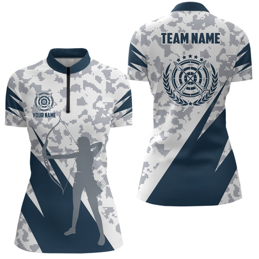 Blue Grey Digital Camo Archery Women Quarter-Zip Shirts Custom Team Name Archery Jerseys TDM0541