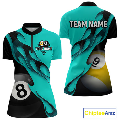 Black And Turquoise Billiard 8 Ball & 9 Ball Pool Shirt For Women Custom Billiard Team Jersey TDM5164