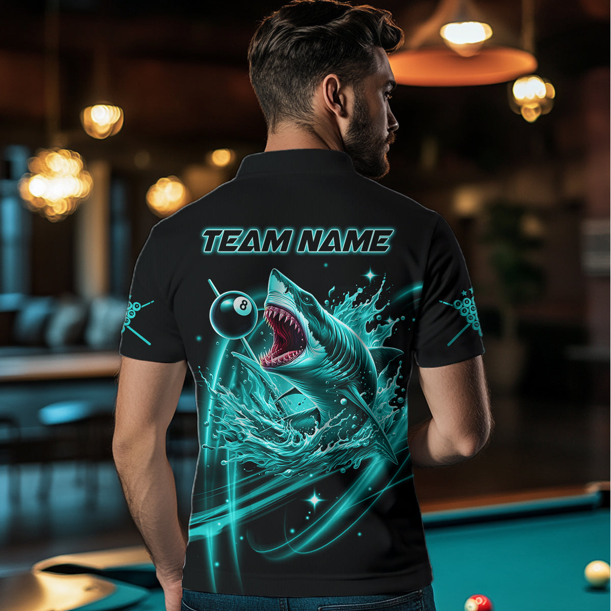 Turquoise 8 Ball Pool Billiard Shark Polo & Quarter Zip For Men Custom Team League Billiard Jersey TDM3408