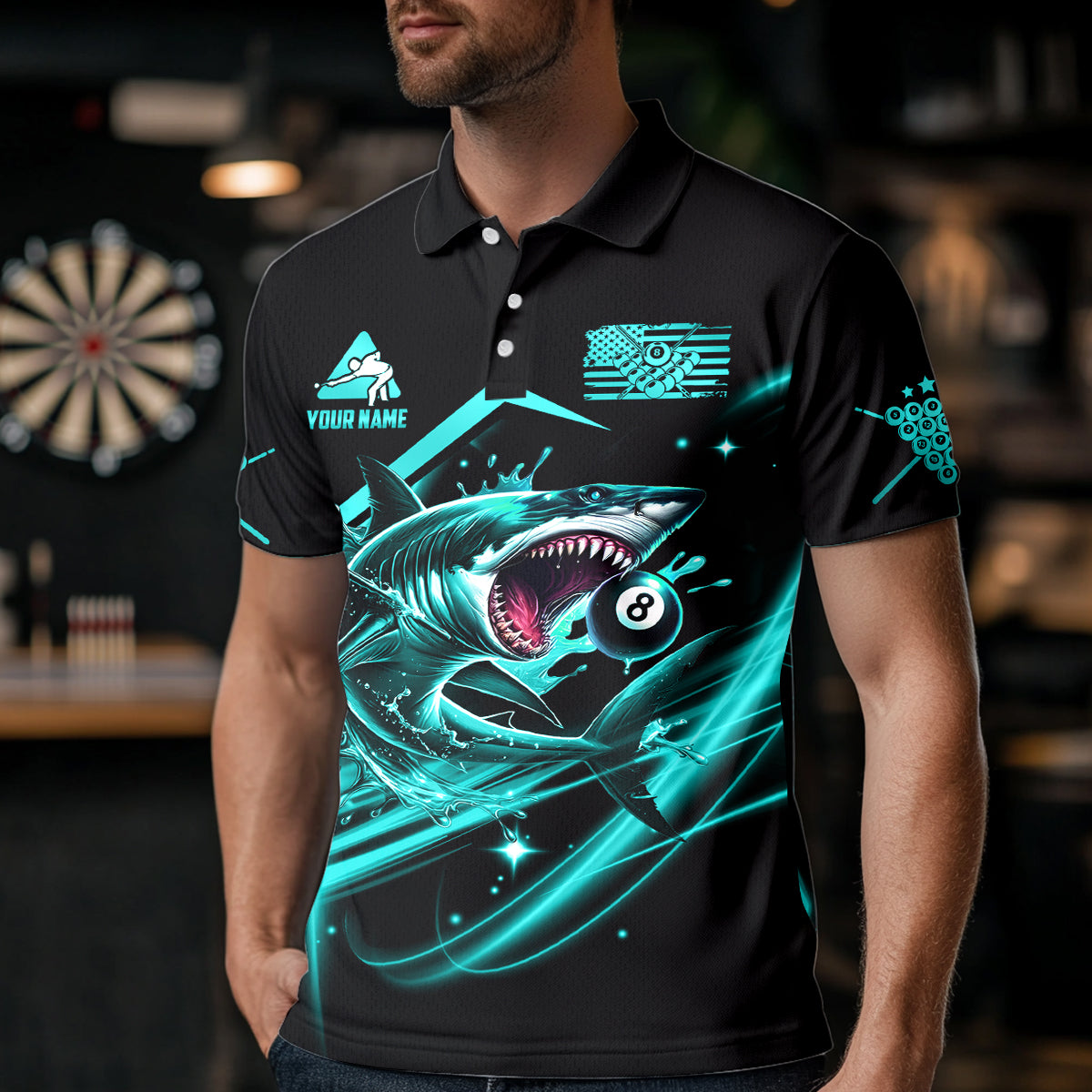 Turquoise 8 Ball Pool Billiard Shark Polo & Quarter Zip For Men Custom Team League Billiard Jersey TDM3408