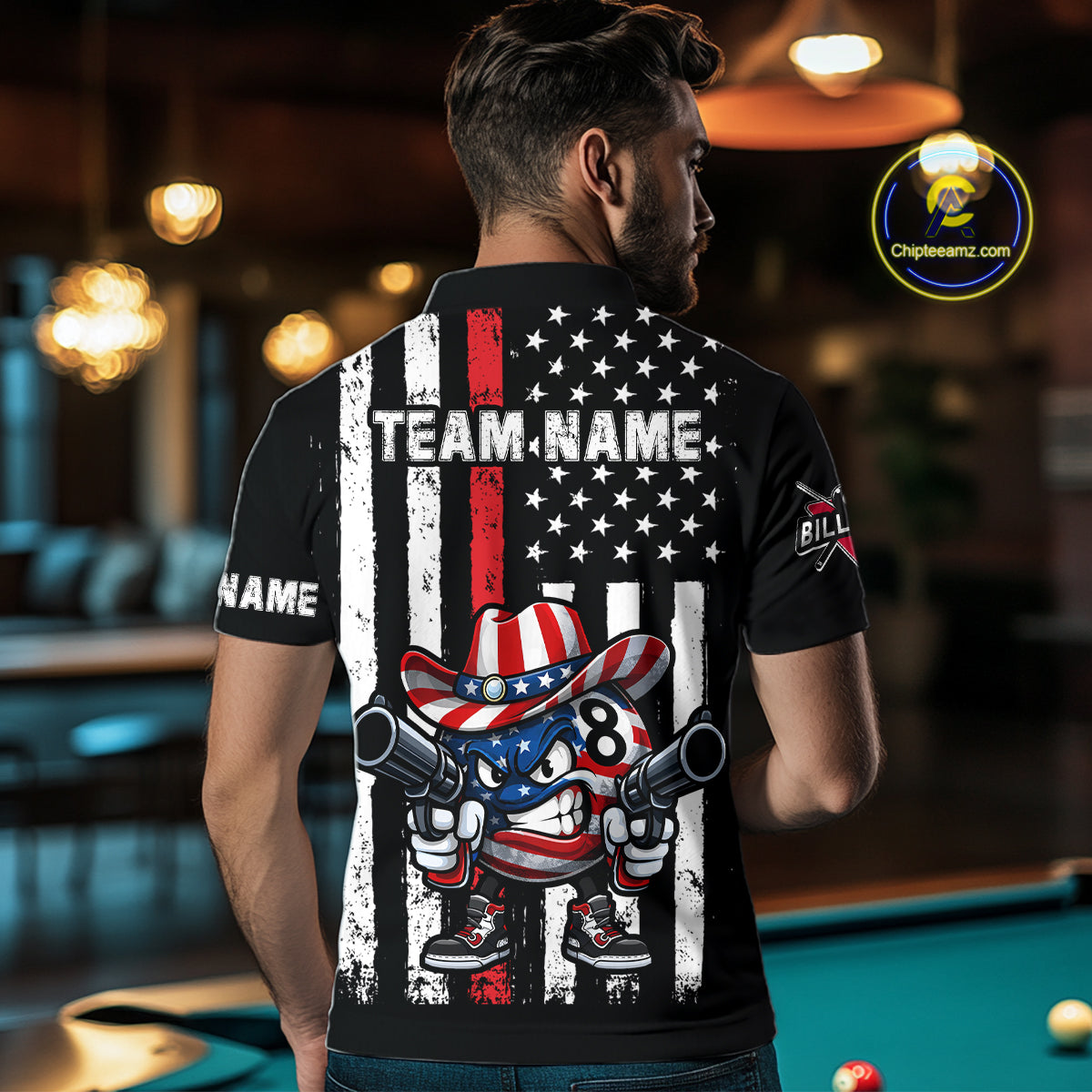 Funny 8 Ball US Flag Billiard Shirt For Men Custom Patriotic Pool Team Jersey Polo & 1/4 Zip TDM6048