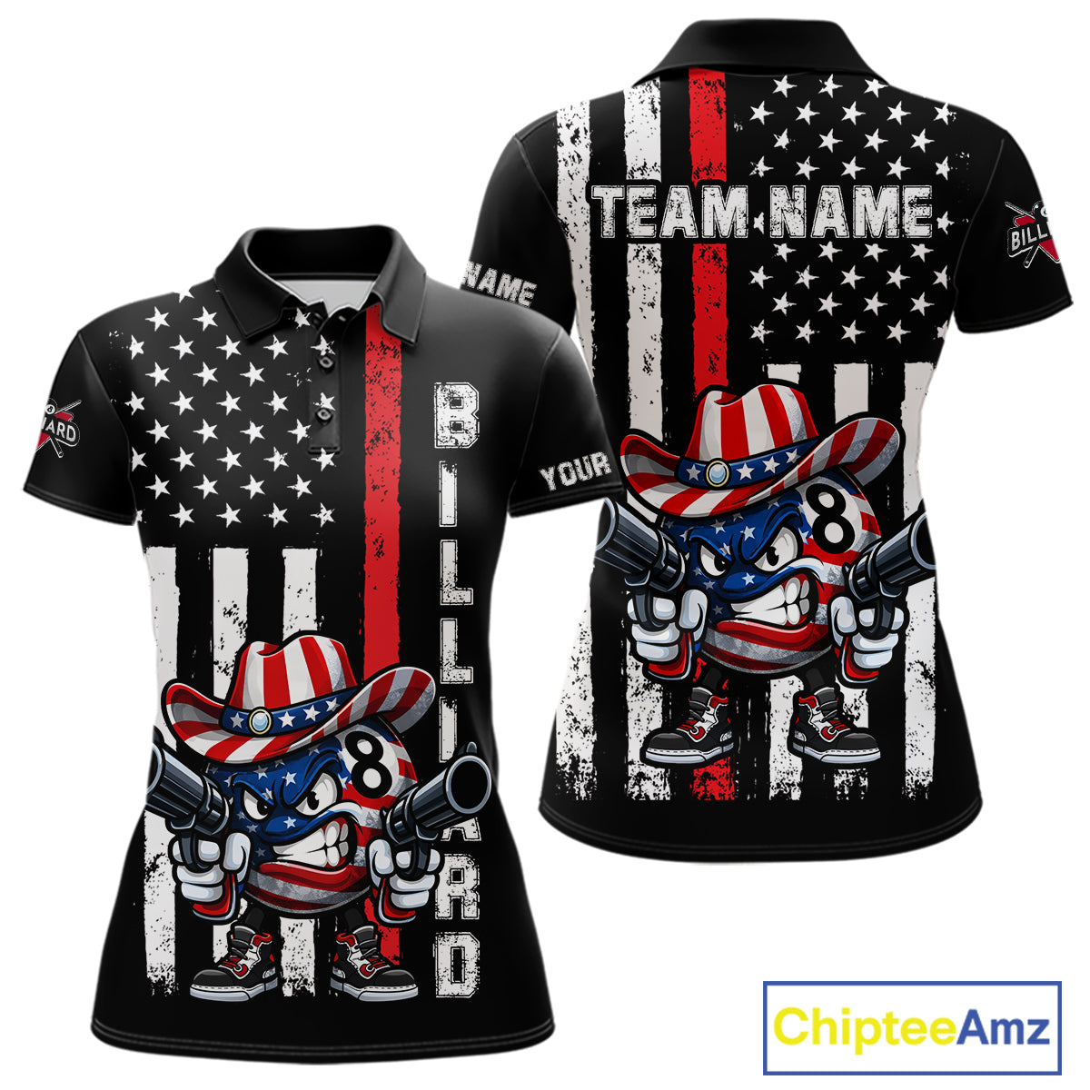 Funny 8 Ball US Flag Billiard Shirt For Women Custom Patriotic Pool Team Jersey Polo & 1/4 Zip TDM6048