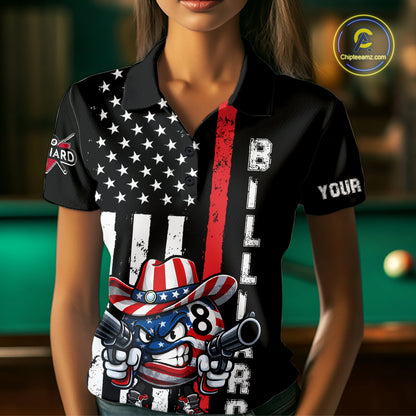 Funny 8 Ball US Flag Billiard Shirt For Women Custom Patriotic Pool Team Jersey Polo & 1/4 Zip TDM6048