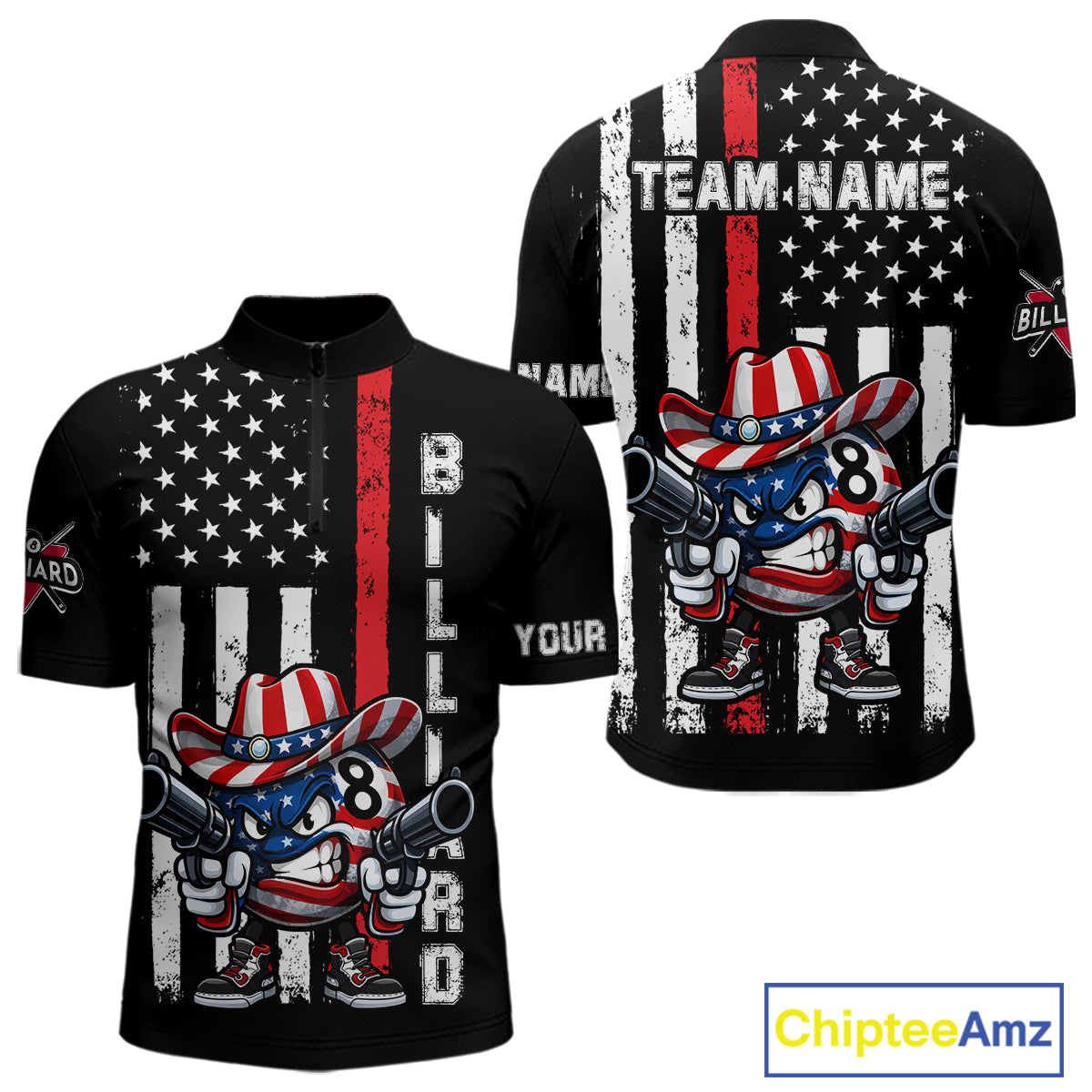 Funny 8 Ball US Flag Billiard Shirt For Men Custom Patriotic Pool Team Jersey Polo & 1/4 Zip TDM6048