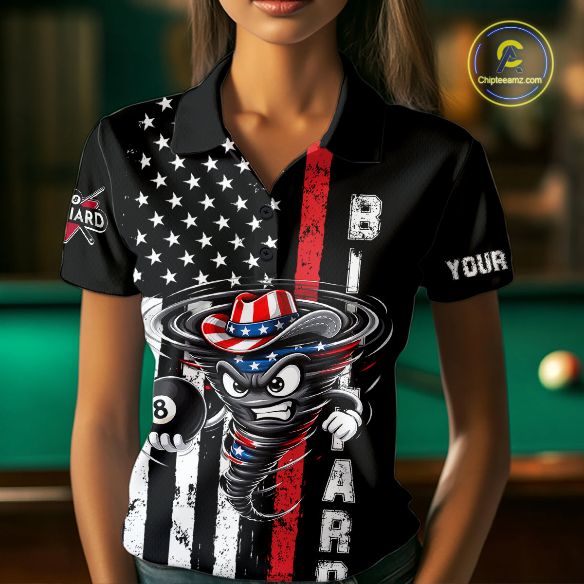 Funny Tornado US Flag 8 Ball Billiard Shirt For Women Custom Pool Team Jersey Polo & Quarter Zip TDM6049