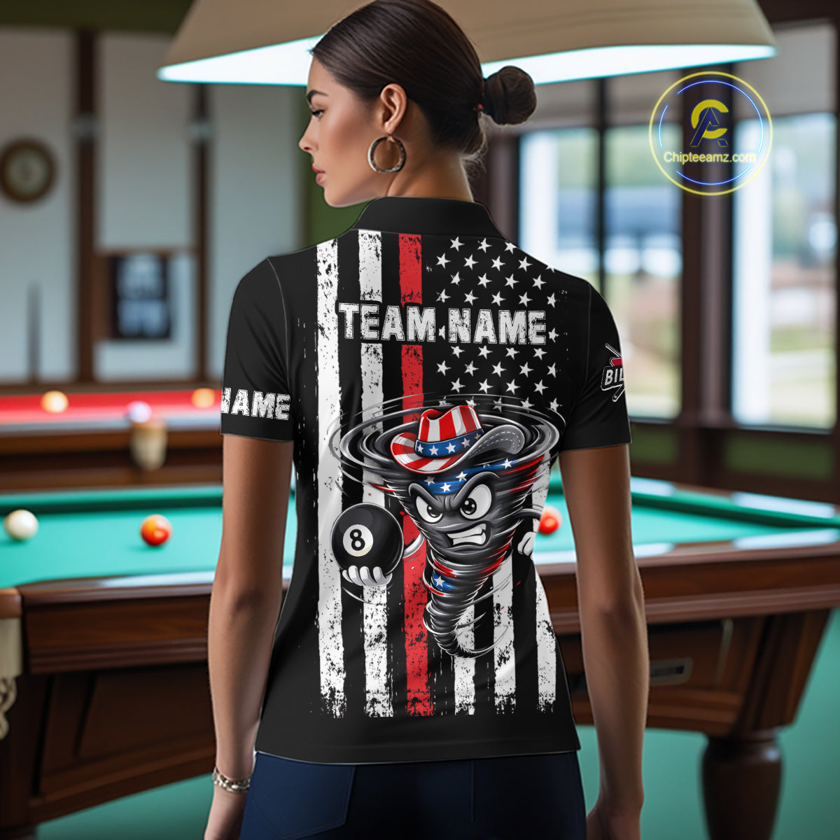 Funny Tornado US Flag 8 Ball Billiard Shirt For Women Custom Pool Team Jersey Polo & Quarter Zip TDM6049