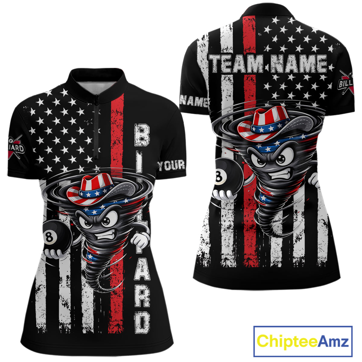 Funny Tornado US Flag 8 Ball Billiard Shirt For Women Custom Pool Team Jersey Polo & Quarter Zip TDM6049