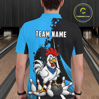 Custom Black And Blue Funny Chicken Bowling Shirts For Men, Bowling Team Jersey Polo & 1/4 Zip TDM6301