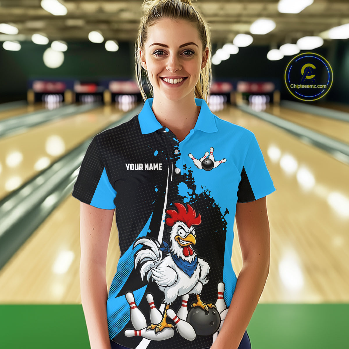 Custom Black And Blue Funny Chicken Bowling Shirts For Women, Bowling Team Jersey Polo & 1/4 Zip TDM6301