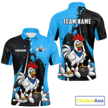 Load image into Gallery viewer, Custom Black And Blue Funny Chicken Bowling Shirts For Men, Bowling Team Jersey Polo &amp; 1/4 Zip TDM6301