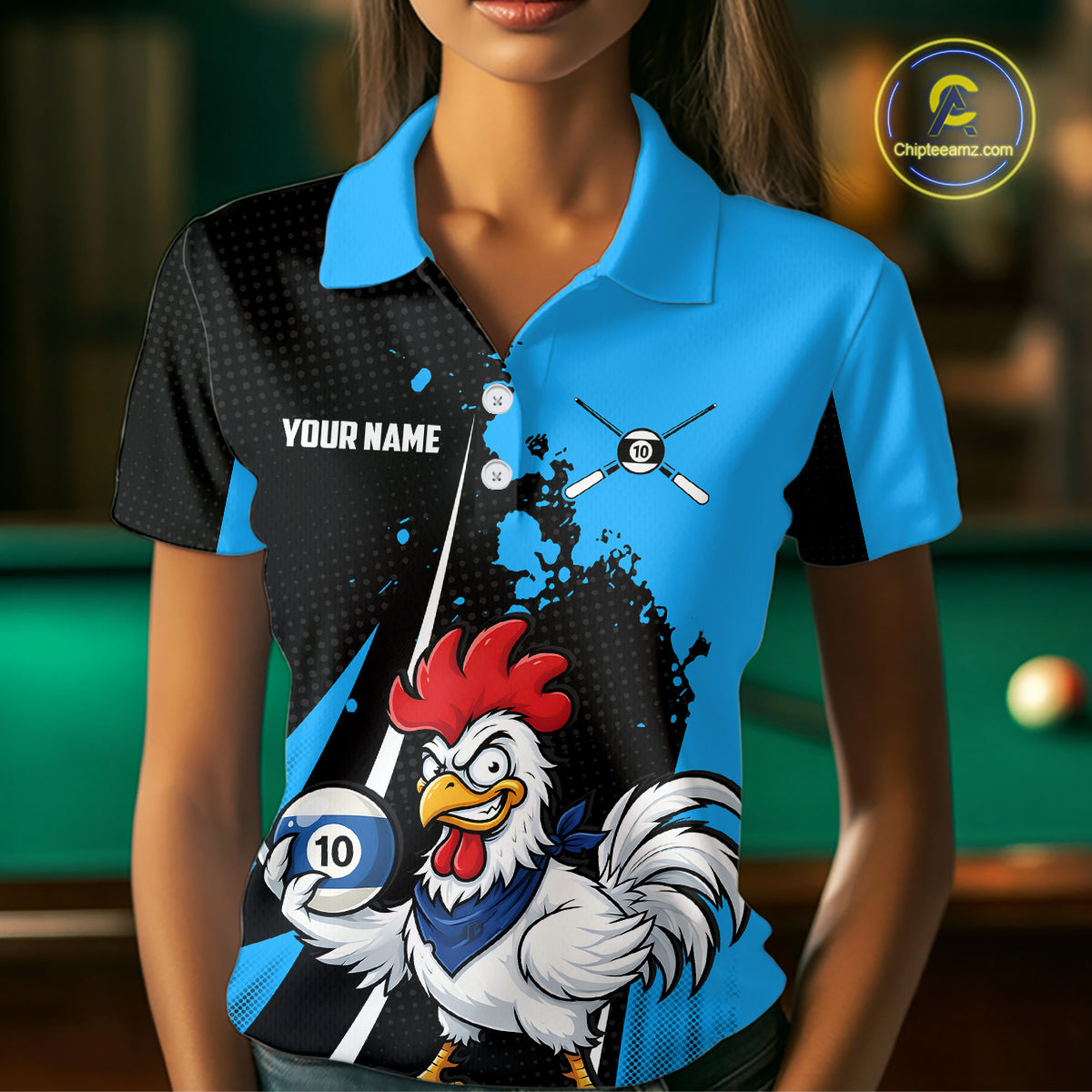 Black And Blue Funny Chicken 10 Ball Billiard Shirt For Women Custom Pool Team Jersey Polo & 1/4 Zip TDM6302