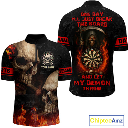 Let My Demon Throw Funny Dart Shirt For Men Custom Flame Skull Darts Team Jersey Polo & 1/4 Zip TDM4166