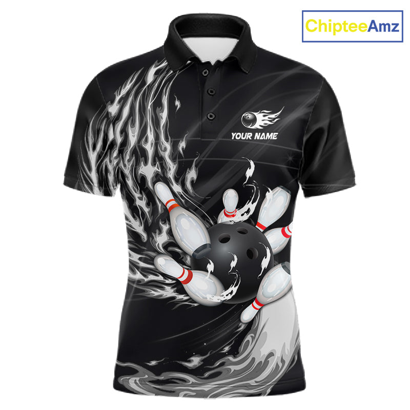 Personalized Black And White Flame Bowling Jersey For Men Custom Bowling League Team Shirts TDM7478