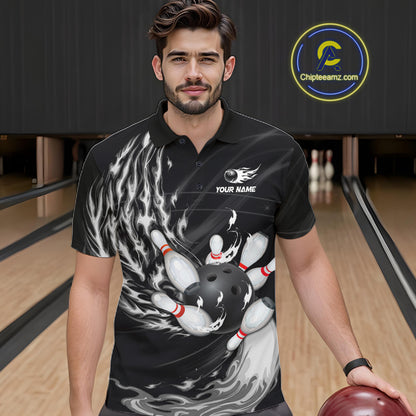 Personalized Black And White Flame Bowling Jersey For Men Custom Bowling League Team Shirts TDM7478