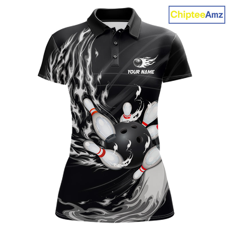 Personalized Black And White Flame Bowling Jersey For Women Custom Bowling League Team Shirts TDM7478