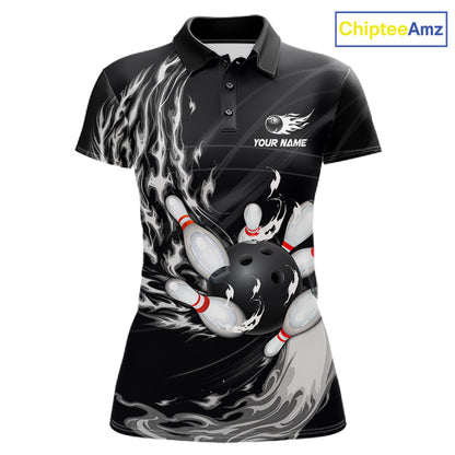 Personalized Black And White Flame Bowling Jersey For Women Custom Bowling League Team Shirts TDM7478