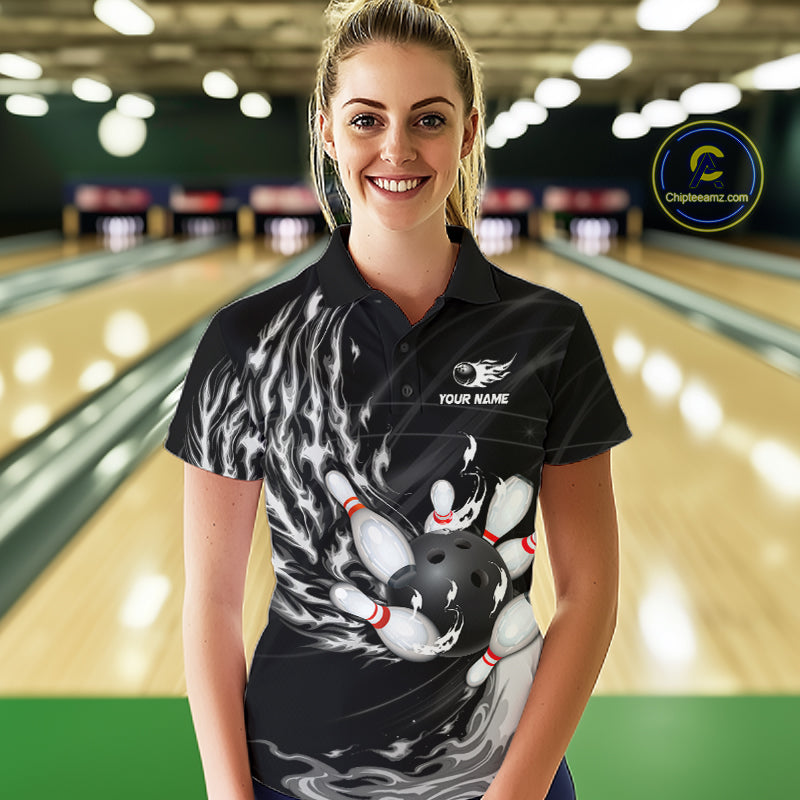Personalized Black And White Flame Bowling Jersey For Women Custom Bowling League Team Shirts TDM7478