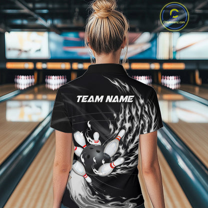 Personalized Black And White Flame Bowling Jersey For Women Custom Bowling League Team Shirts TDM7478